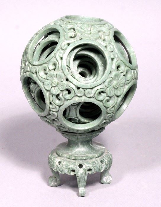 Chinese Carved Jade Flower Puzzle Ball with Display Stand, 7.5"T on Stand