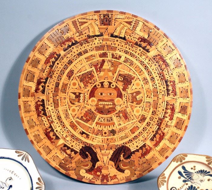 Aztec Multi Wood Inlay Calendar Wall Plaque, Sun Stone, Mexican Folk Art, 24"Diameter, and Handmade Mexican Decorative Bird Plate Wall Decor, 8"-11"