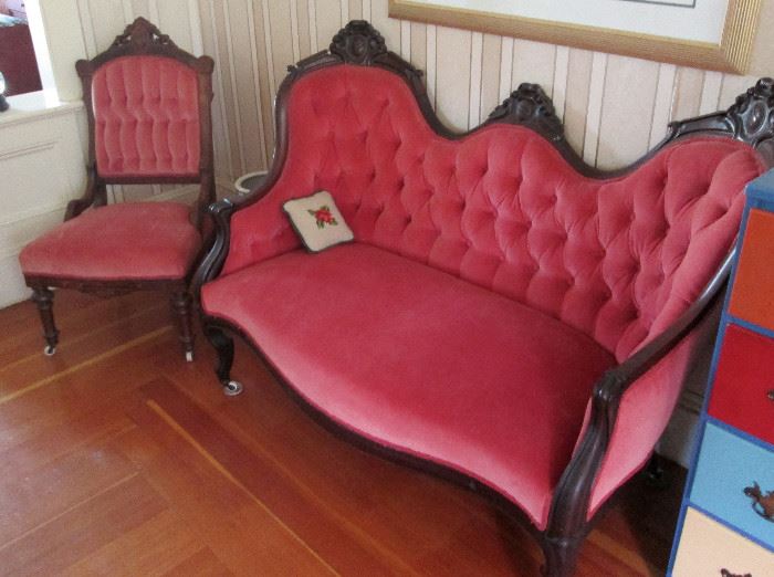 Victorian Sofa and 2 Side Chairs in Rose Pink Velvet