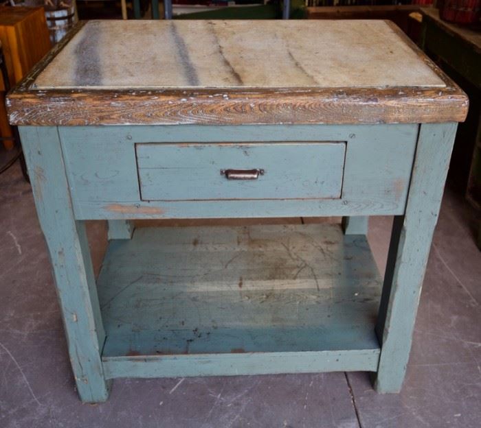 Antique Hamilton Printer's Table w/ Marble Stone Top (makes a great kitchen island- drawer opens on either side).