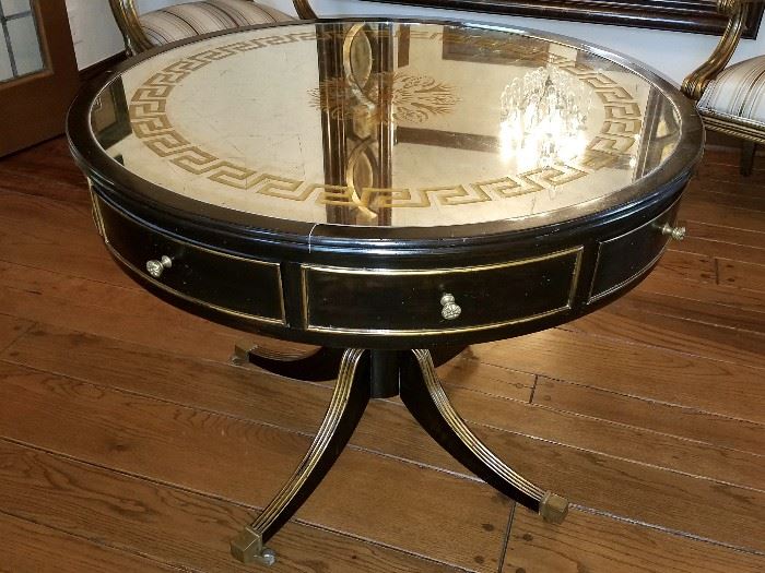 Black with gold trim pedestal table with Greek key pattern on mirror top 36-1/2" diameter x 29"H