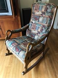 Library upholstered rocker with swan neck arms