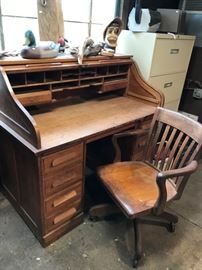Roll top desk and chair, and old one!