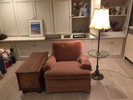 Blanket chest, easy chair, floor lamp
