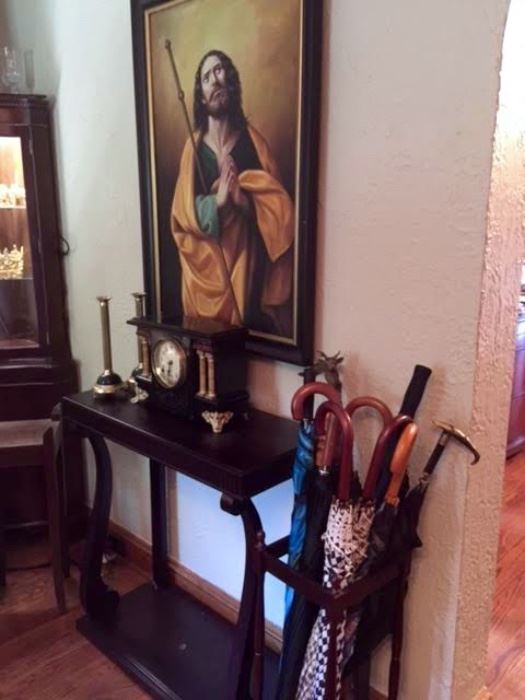 Antique Clock Umbrella Stand Religious Oil Painting