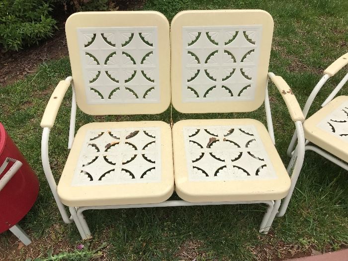 Vintage Yellow/White Metal Patio Glider Loveseat