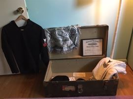 WWII US Navy wool and "Cracker Jack" uniform with foot locker. Found some provenance as well as a photo of the soldier wearing the uniform! 