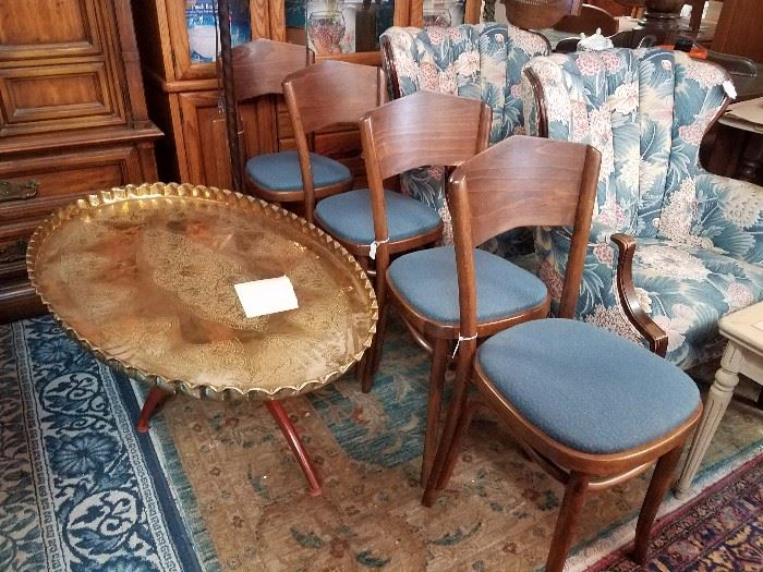 Large brass tray table and 4 bent wood chairs
