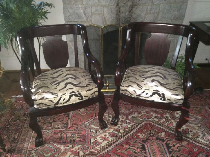 Pair of solid, modern William IV-style drawing room chairs with tiger print upholstery