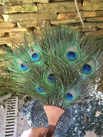 Elegant artisan-crafted peacock feather fan with carved wooden handle from estate of Maine heiress 