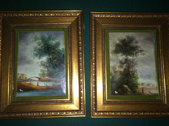 Pair of very well executed, small 18th century style landscape paintings, illegibly signed