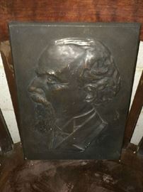 Illegibly signed antique bronze portrait plaque, possibly of Tchaikovsky