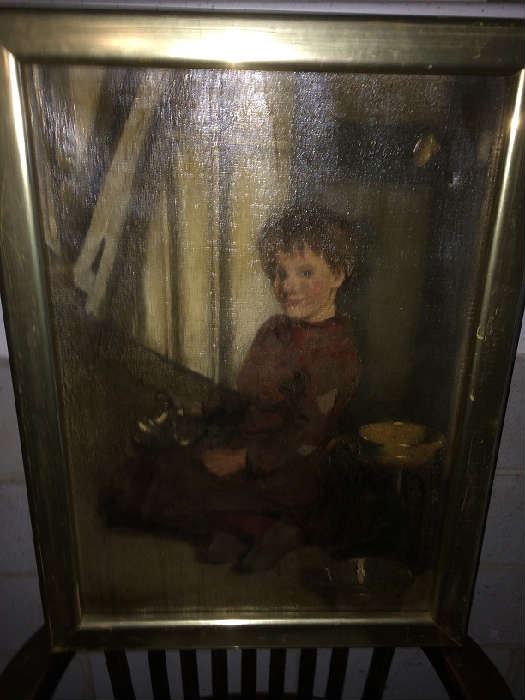 Typical street urchin oil subject by listed Paris-trained New England artist, Marion Powers 