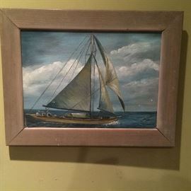 Great midcentury depiction of a sloop slicing through the waves in whitewashed frame