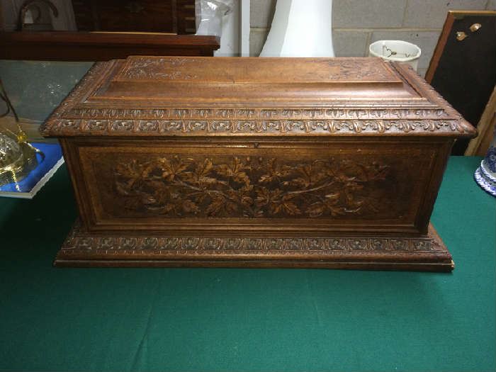 Incredibly carved antique chest, possibly Black Forest, wonderful detail and patina