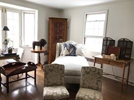 Charming 19thC English Corner Cabinet, 19thC Parquetry Tilt Top Table, Butler Coffee Table and More