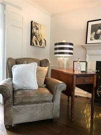 Lillian August Leather Chair, Countryy Drop Leaf Table and Contemporary Glass Lamp with Metal Shade and more