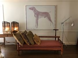 Sign Screen Print by Joe Andoe , Bobbin Settee and Pair of Iron Lights