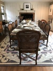 10 ft Reclaimed Wood Harvest Table, 8 Chairs, Edward Fields Carpet 