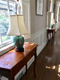 Pair of French Side Tables with Asian Green Lamps