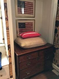 Early Oak Chest and Framed Flag Art