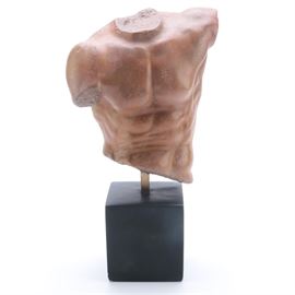 Alva Sergey Eylanbekov Male Torso Reproduction Sculpture: A 1991 Alva Sergey Eylanbekov male torso reproduction sculpture. This piece is made of resin and depicts a painted sculpture of a male’s shoulders and torso in a variegated red clay color, and the statue is mounted on a square post atop a black rectangular base. The piece is signed to the lower back “Alva 1991 S. Eylanbekov.”