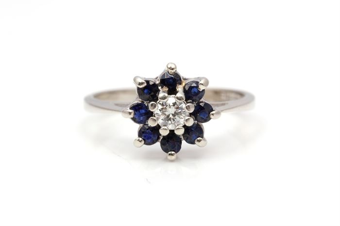 14K White Gold Diamond and Sapphire Ring: A white gold shank is enhanced by a round cut prong set diamond to the center of a halo of round cut sapphires.