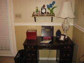Vintage knee hole desk, Vintage hand painted lamp.