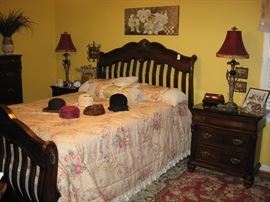 Five piece Queen bedroom set. Night stands have marble tops. Vintage hats.