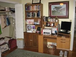 Computer desk, Bookcase, Printer, Dell monitor and keyboard and paper shredder.