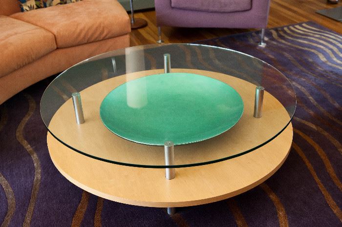 Desiron custom glass and wood coffee table. 45" round. Green bowl under glass sold separately.