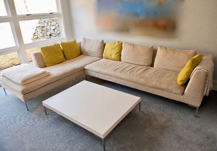 B&B Italia "Charles" sectional sofa by Antonio Citterio. As shown, it measures 130" wide from side of chaise to side of sofa. Chaise is 90" long. All seating areas are 38" deep. Coffee table also B&B Italia, 35.5" x 47.5" x 10"