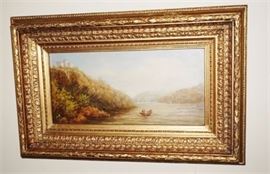 Lot 110. Oil on Board 19thCentury Landscape with River and Castle