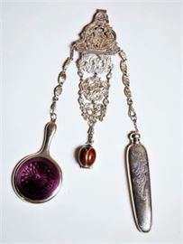 Lot 2 Silver and Guilloche Enamel Chatelaine with 3 Utensils