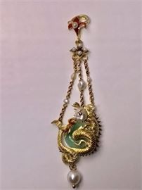 Lot 54. 18K Gold Jade Pearl Enamel Dragon Pendant