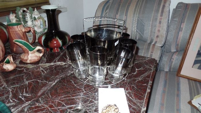 Vintage glass ice bucket and glasses in holder