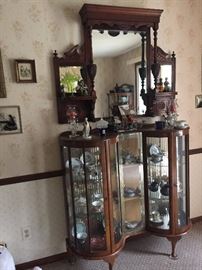 Victorian mirror, curio cabinet, Victorian prints and silohouttes