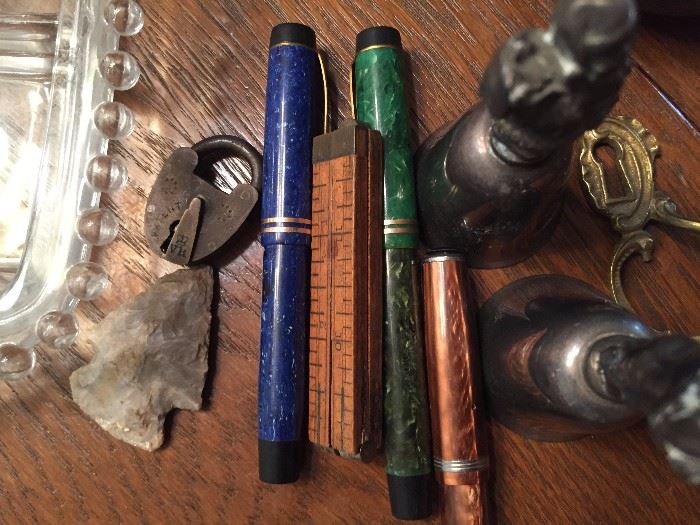 Parker fountain pens, ruler, old locks,silver bells