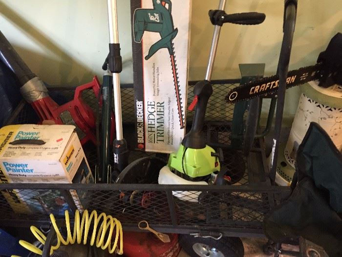 small cart and misc. lawn tools, chain saw