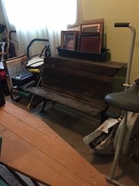 old school desk, exercise bike