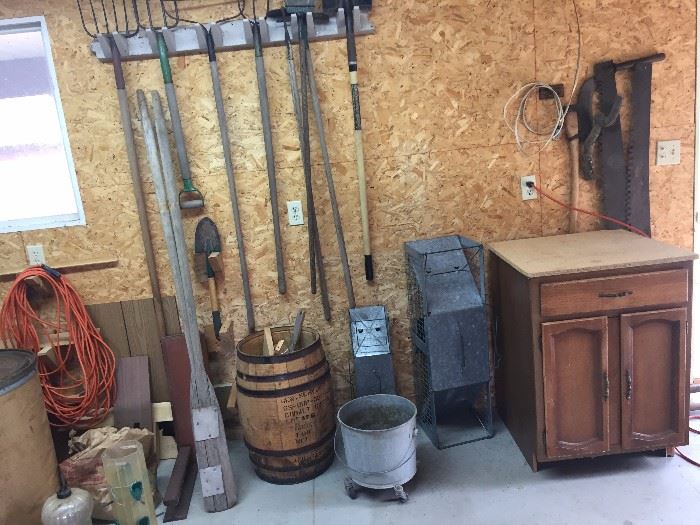 pitch forks, barrel, traps, cabinet