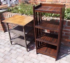 1905 Mission Oak Open Bookshelf and Wicker Lamp Table