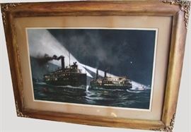 1910 Lg Litho of D and C Steamships Passing in the Night