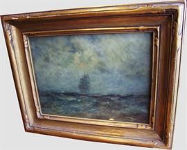 1900 Oil on Wood Panel of Ship in Fog Signed Robert Hopkins 1832 - 1909