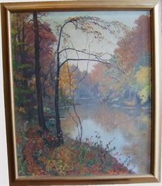  1940s Lg Oil of Indiana Pond Scene Signed RUTHVEN HOLMES BYRUM - American 1896-1960