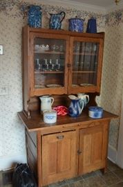 Antique American Oak Cabinet with lower pull down bin and storage door.