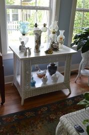 Beautiful Vintage Wicker Table nicely displaying some of the lamp collection and hens on their nests