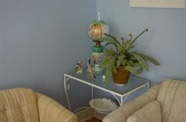 Glass and White Iron Display Table the lamp is going with the family