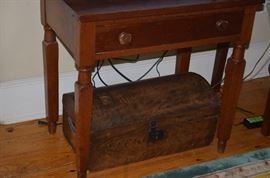 American Primitive Table with Antique Jenny Lind Style Trunk complete with shipping Stamp underneath
