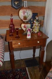 American Primitive Hand Crafted Table with Rare Lamp plus very old Cranberry Glass Candlesticks, Decanter, and other collectible items